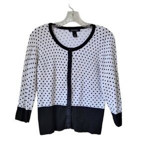 WHITE House Black Market Polka Dot Print Black White 3/4 Sleeve Cardigan Small